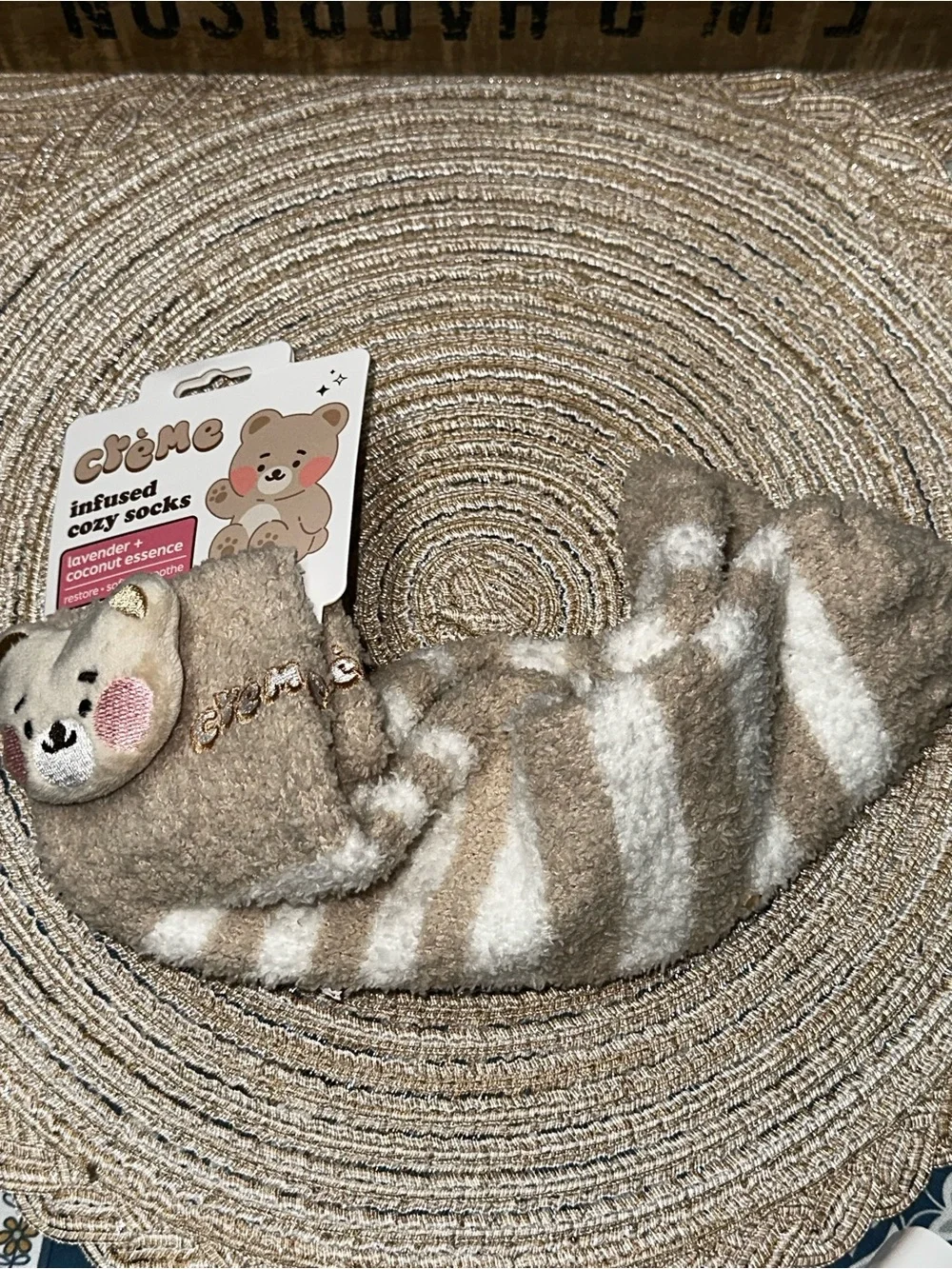 Creme shop Cozy Beige & White Striped Bear Cozy Socks for adults